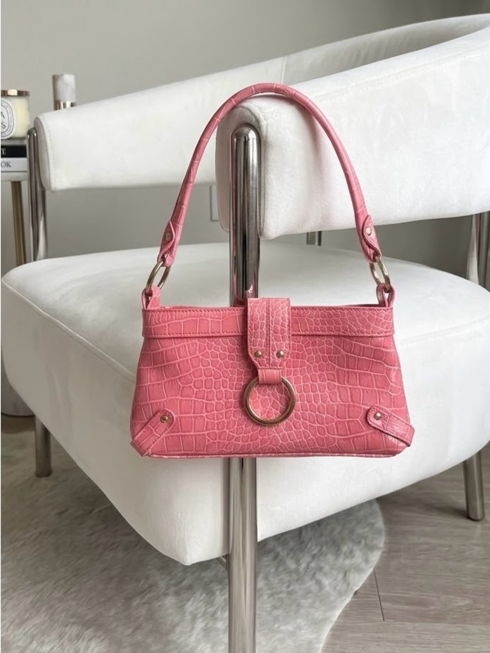 Liz Claiborne Pink Croc-Embossed Shoulder Bag with Gold Ring